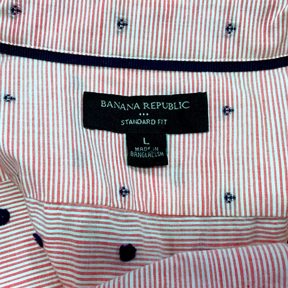Banana Republic Mens Short Sleeve Shirt Red White Striped Micro Anchor Print L - Picture 9 of 9